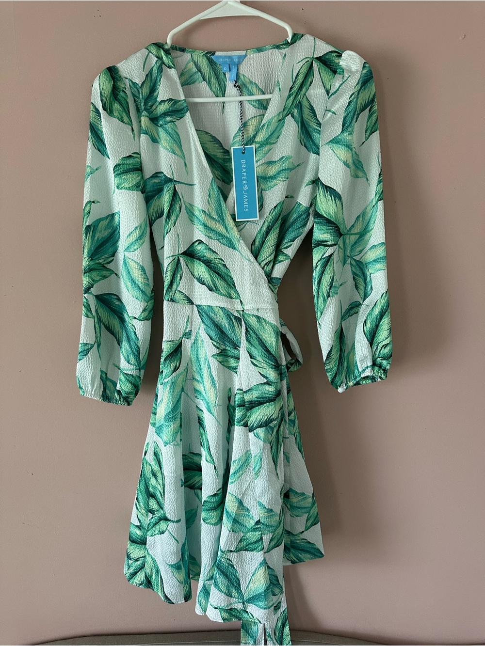 Draper James NWT Jordan Green White Leaf Print Long Sleeve Wrap Dress